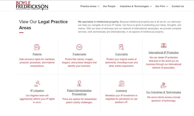 An image from the Boyle Fredrickson home page that shows the use of visual icons with brief text to help a user quickly understand what they do and to drive them deeper into the site for additional information.