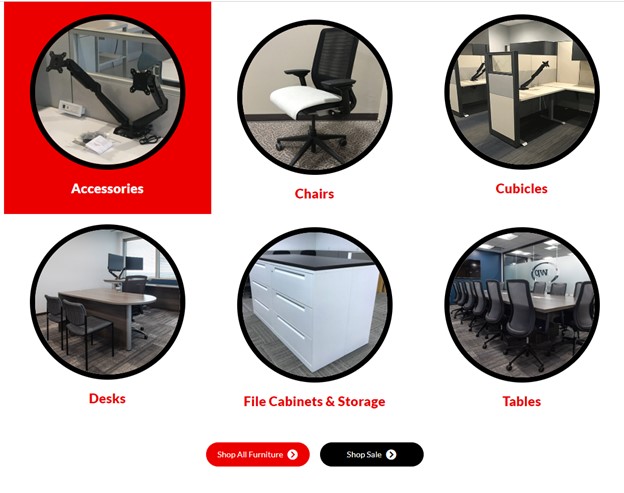 An image from the Office Furniture Resources website that shows the use of clear clickable page elements.
